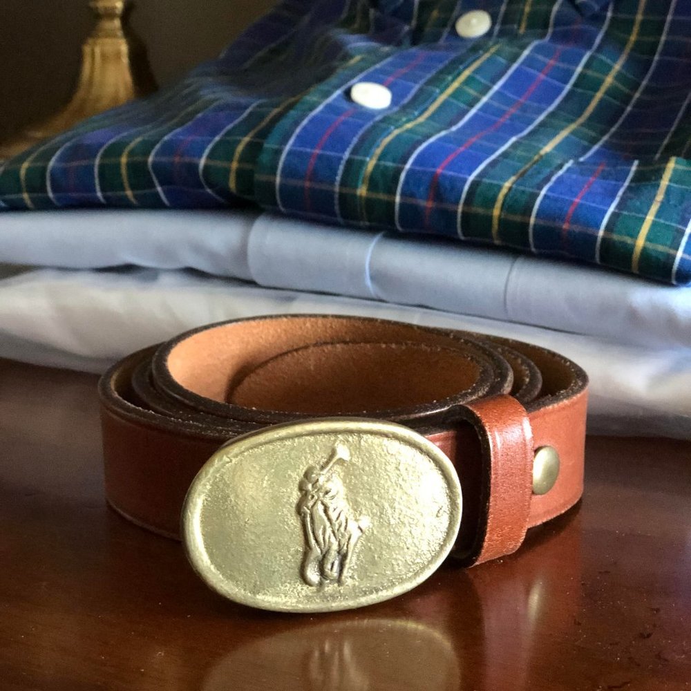 POLO Ralph Lauren Vintage Brass Logo Buckle Belt - Picture 1 of 10
